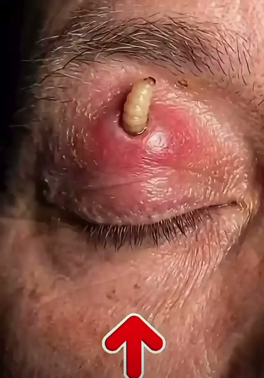 A red, raised lump above a closed eye with a pale larva protruding from a small opening