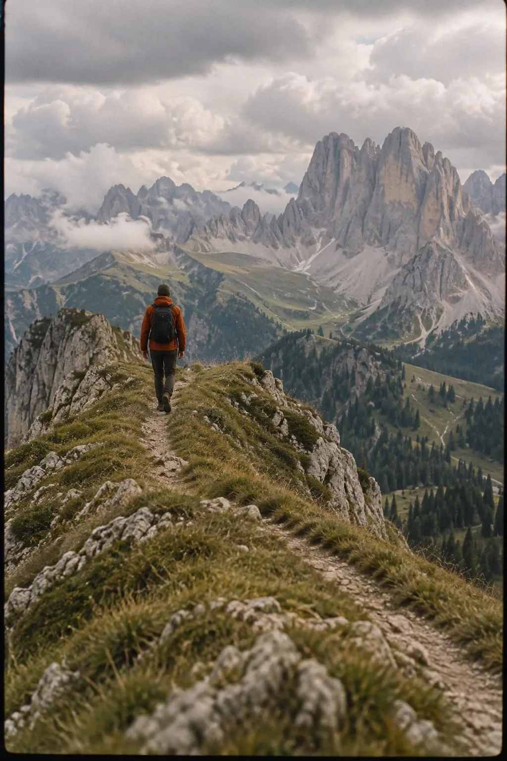 A hiker in a rust-colored jacket walking a narrow ridge beneath heavy clouds