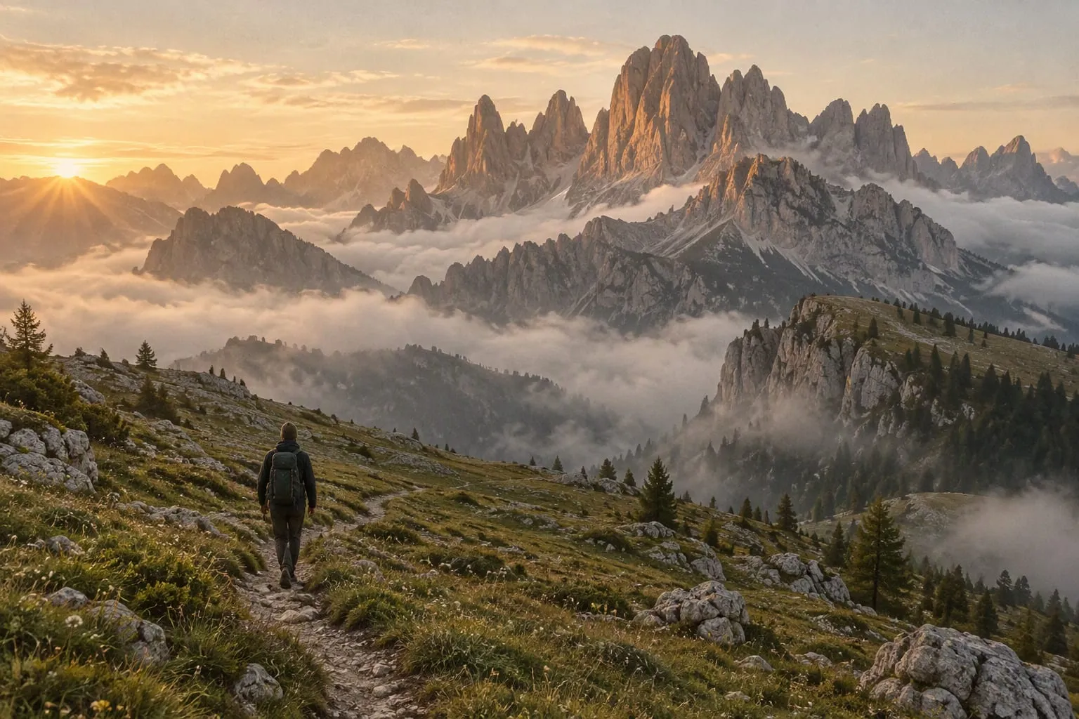 Jagged Dolomite peaks at sunrise with mist pooled in the valley below